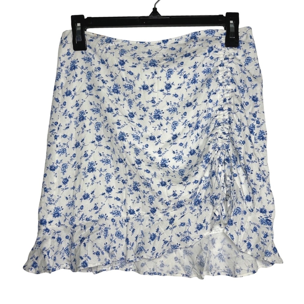 Forever 21 Blue White Floral‎ Ruched Mini Skirt High Waist Side Slit Rayon Small